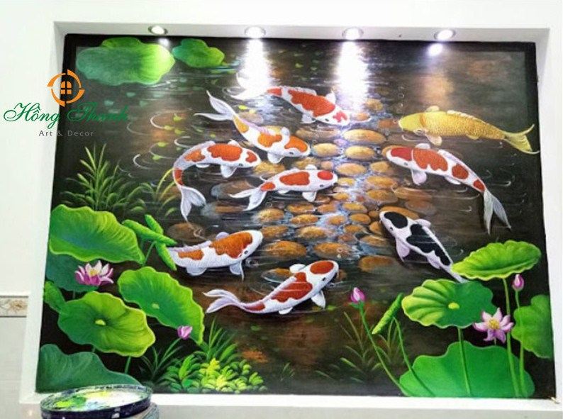 Vẽ tranh tường phong thủy hồ cá chép hoa sen