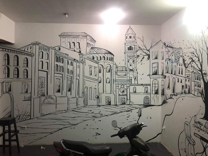mẫu vẽ tranh tường cafe đen trắng đẹp