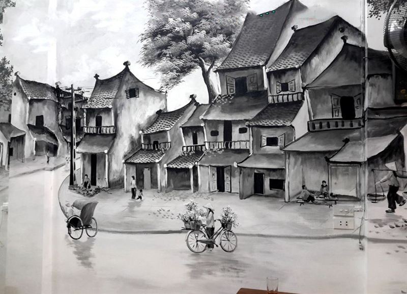 Tranh phố cổ vẽ bằng chất liệu sơn dầu TSD 199  AMiA Hà Nội