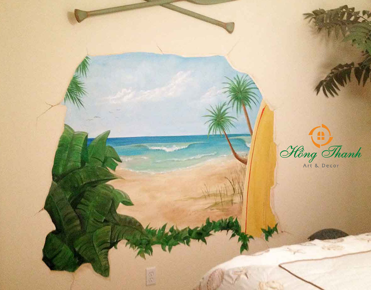 vẽ tranh tường lá chuối đẹp tại phòng ngủ